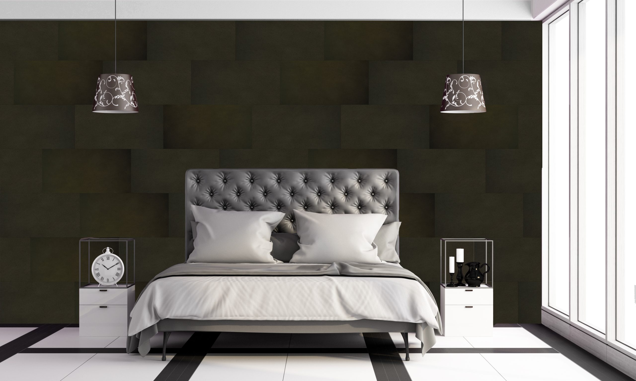 Modern master bedroom with black leather bedroom and purple wall - 3d rendering